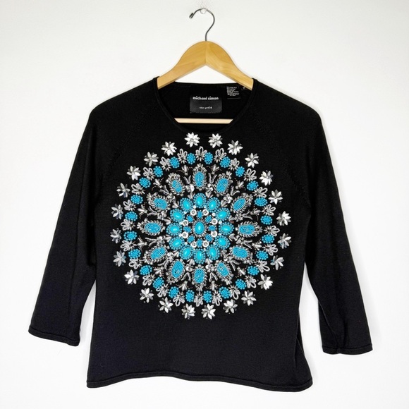 Michael Simons Black Top with Blue and Silver Embellishments Silk Cotton Size M - Picture 1 of 5